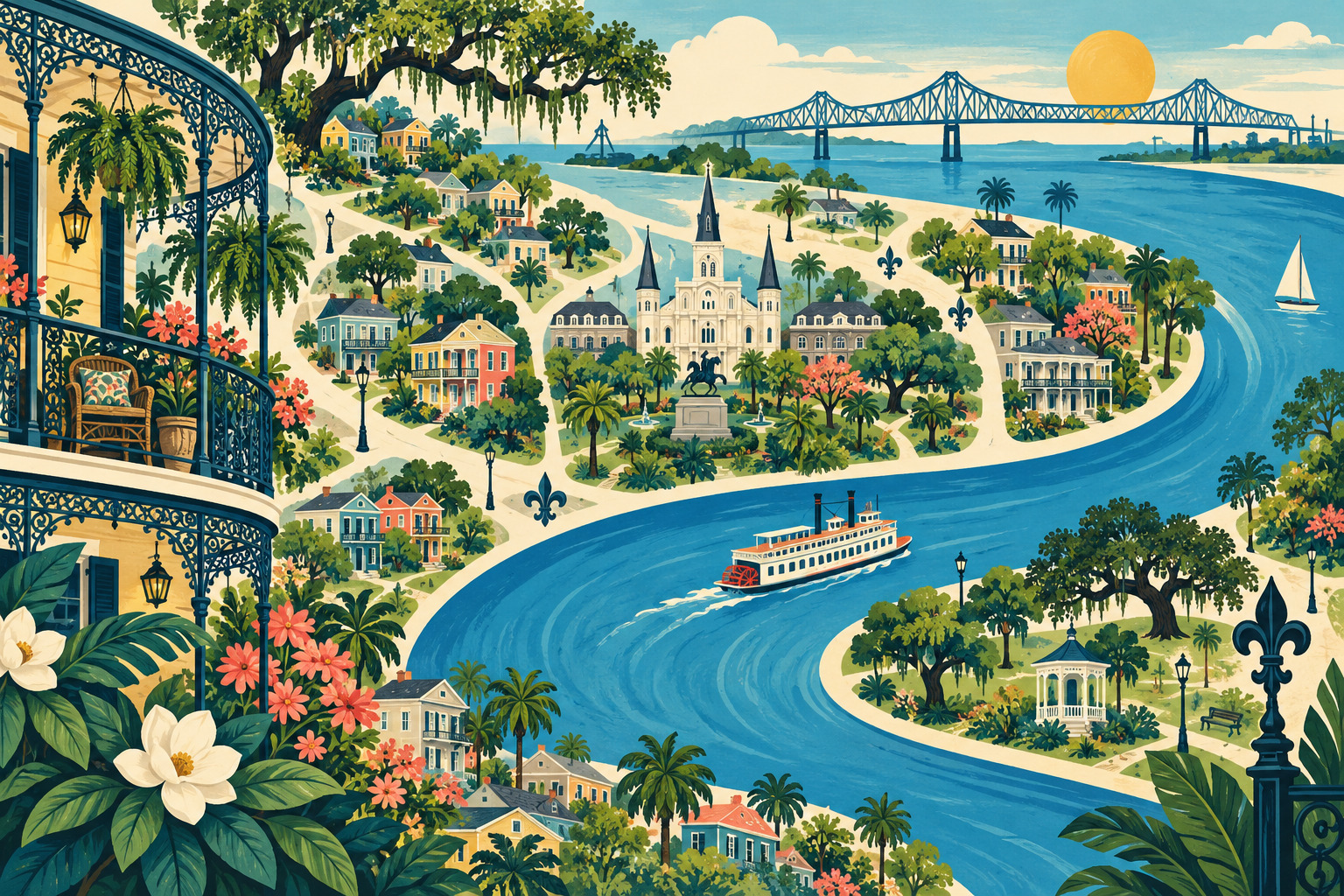 Illustrated New Orleans-inspired neighborhood scene with homes, gardens, and a river